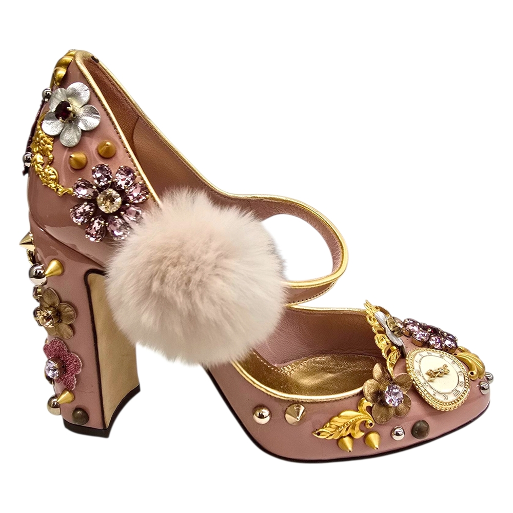Dolce & Gabbana Embellished Mary Jane Pumps – Pink Patent with Crystals & Fur